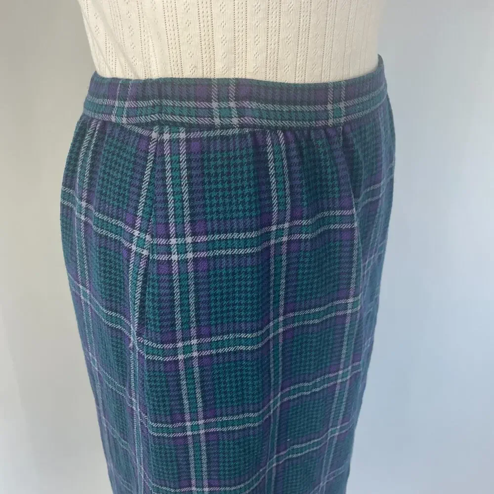 Vintage Pendleton Pencil Skirt Size 12 Blue Purple Tartan Plaid Wool Academia